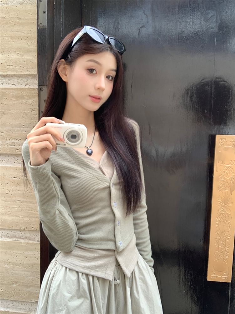 Two-Tone Button Knit Top with Drawstring Bubble Hem Midi Skirt