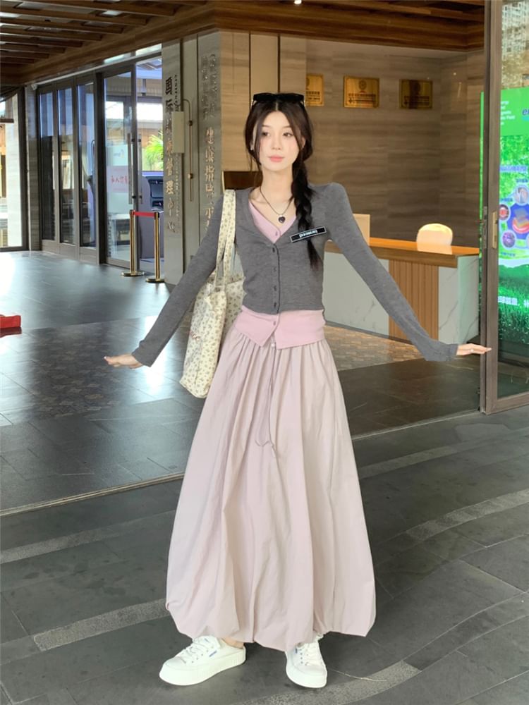 Two-Tone Button Knit Top with Drawstring Bubble Hem Midi Skirt