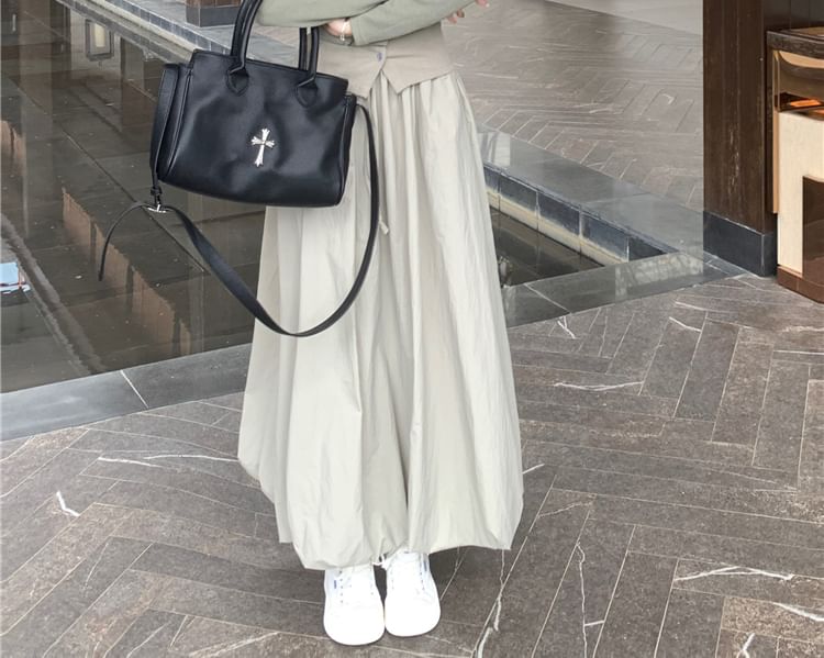 Two-Tone Button Knit Top with Drawstring Bubble Hem Midi Skirt