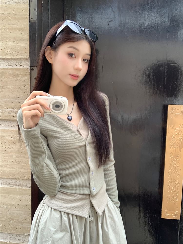 Two-Tone Button Knit Top with Drawstring Bubble Hem Midi Skirt