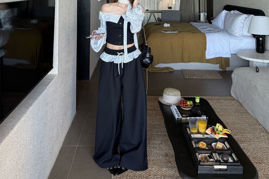 Off-Shoulder Cropped Blouse with Dotted Panels and Ruffle Pants Set
