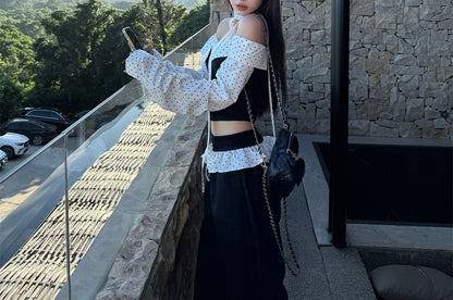 Off-Shoulder Cropped Blouse with Dotted Panels and Ruffle Pants Set