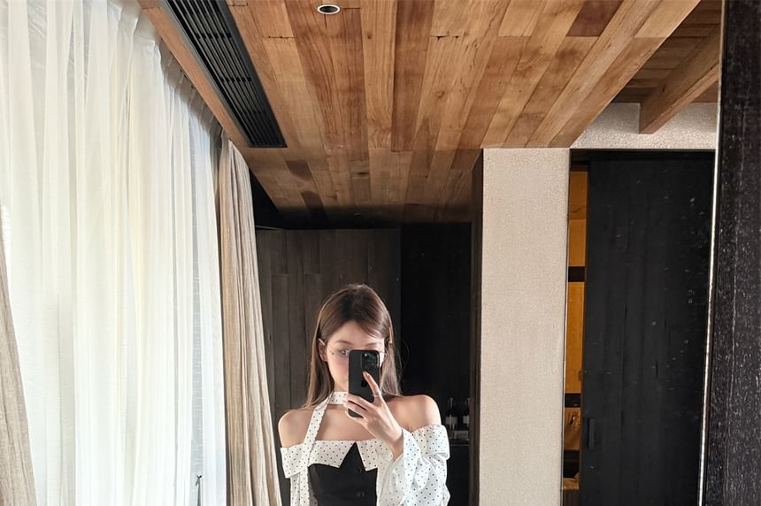 Off-Shoulder Cropped Blouse with Dotted Panels and Ruffle Pants Set