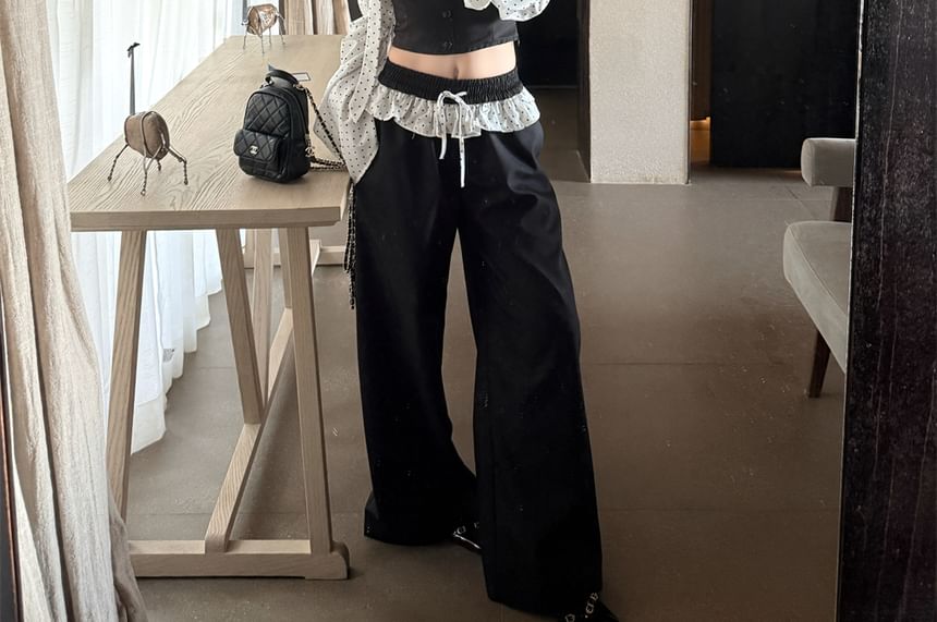 Off-Shoulder Cropped Blouse with Dotted Panels and Ruffle Pants Set
