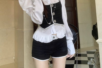 Striped Ruffle Blouse with Band Collar and Crop Vest Shorts Set