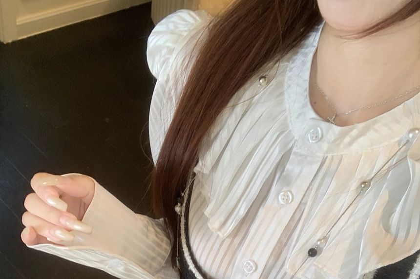 Striped Ruffle Blouse with Band Collar and Crop Vest Shorts Set