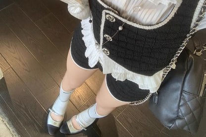 Striped Ruffle Blouse with Band Collar and Crop Vest Shorts Set