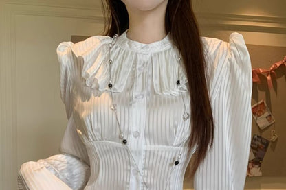 Striped Ruffle Blouse with Band Collar and Crop Vest Shorts Set