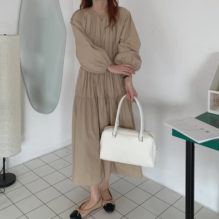 Long-Sleeve Round Neck Plain Ruched Maxi A-Line Dress