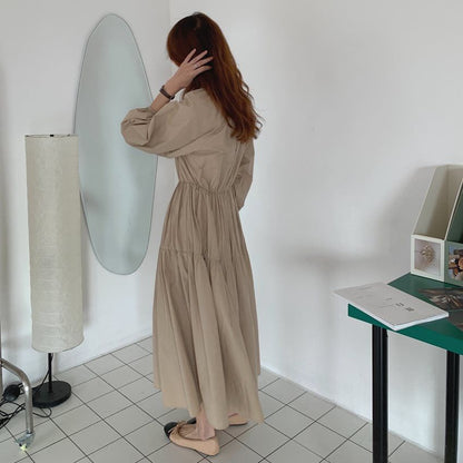 Long-Sleeve Round Neck Plain Ruched Maxi A-Line Dress