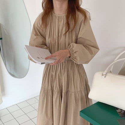 Long-Sleeve Round Neck Plain Ruched Maxi A-Line Dress
