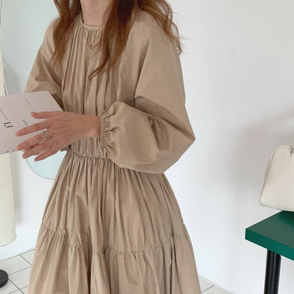 Long-Sleeve Round Neck Plain Ruched Maxi A-Line Dress