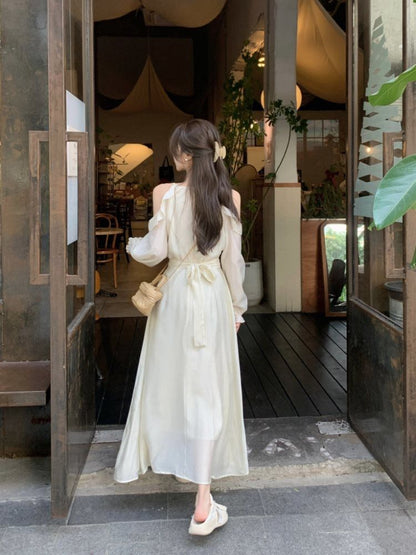 Long-Sleeve Cold Shoulder Plain Maxi A-Line Dress