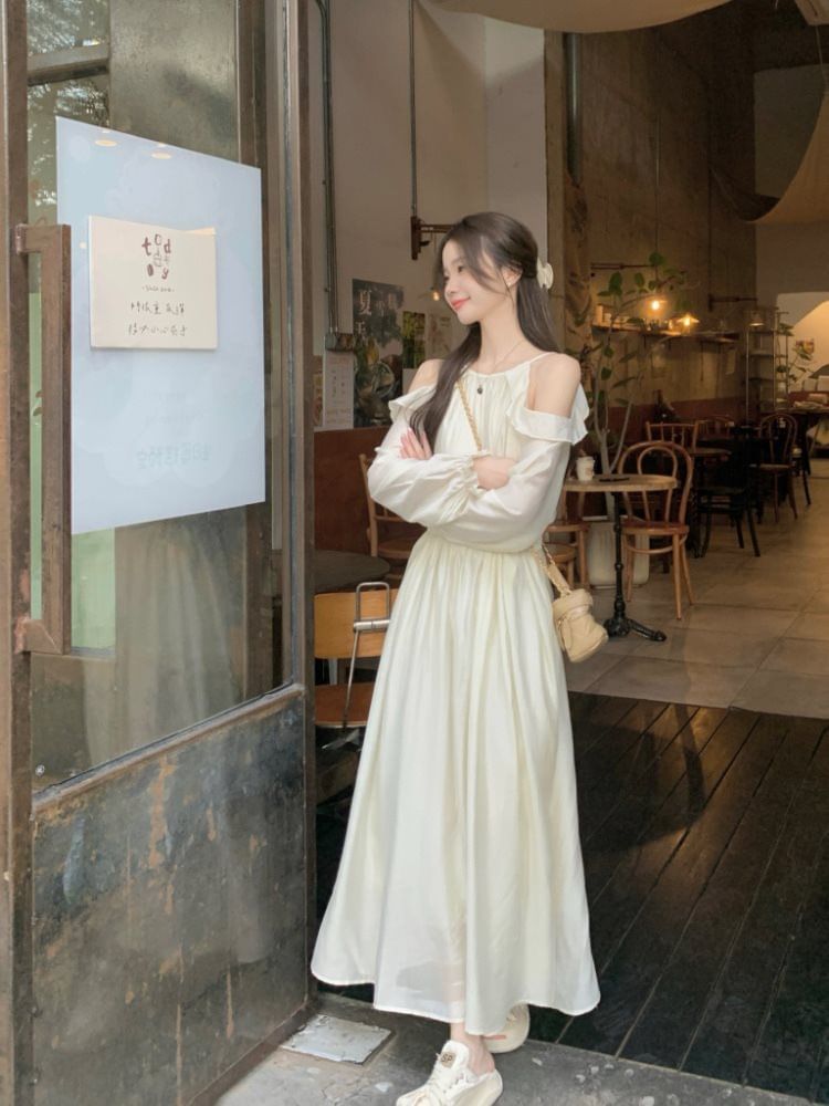 Long-Sleeve Cold Shoulder Plain Maxi A-Line Dress