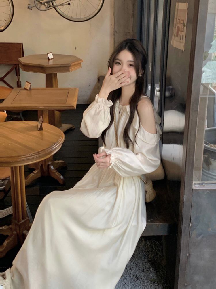 Long-Sleeve Cold Shoulder Plain Maxi A-Line Dress