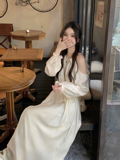Long-Sleeve Cold Shoulder Plain Maxi A-Line Dress