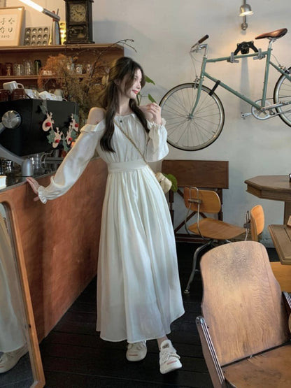 Long-Sleeve Cold Shoulder Plain Maxi A-Line Dress