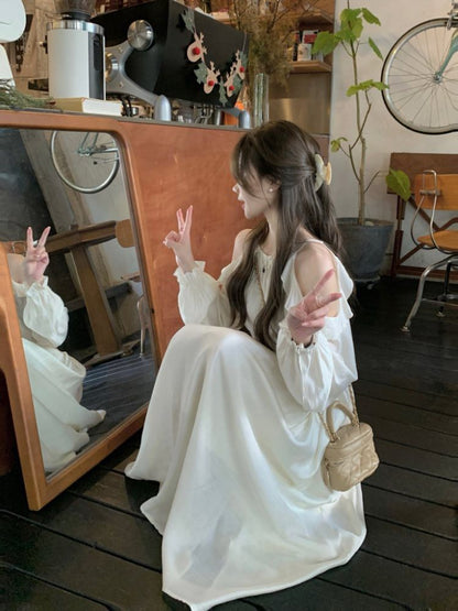 Long-Sleeve Cold Shoulder Plain Maxi A-Line Dress