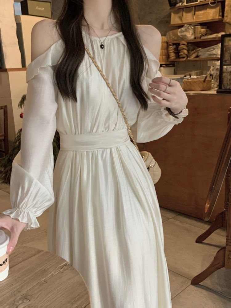 Long-Sleeve Cold Shoulder Plain Maxi A-Line Dress