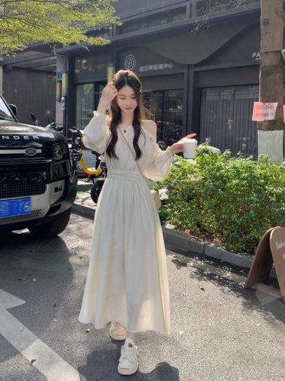 Long-Sleeve Cold Shoulder Plain Maxi A-Line Dress