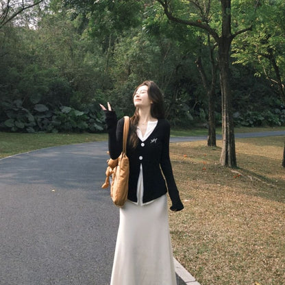 Long Sleeve V-Neck Mock Two Piece Button Slit Top