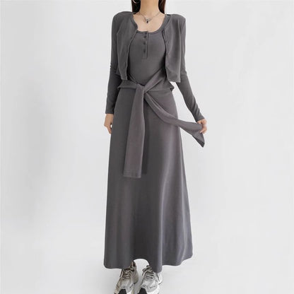 Sleeveless Scoop Neck Plain Tie Waist Maxi A-Line Dress / V-Neck Button-Up Crop Cardigan / Set