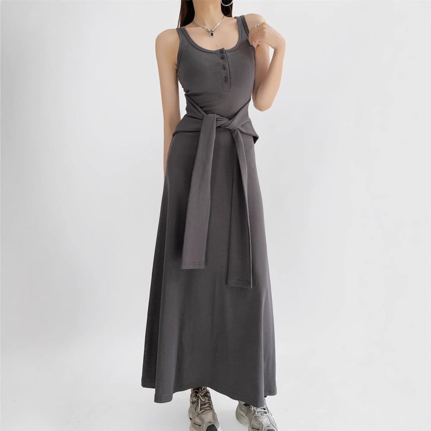 Sleeveless Scoop Neck Plain Tie Waist Maxi A-Line Dress / V-Neck Button-Up Crop Cardigan / Set