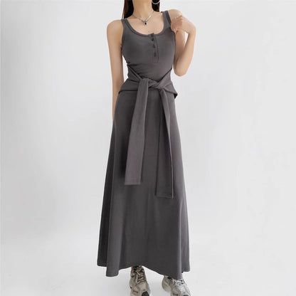 Sleeveless Scoop Neck Plain Tie Waist Maxi A-Line Dress / V-Neck Button-Up Crop Cardigan / Set