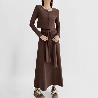Sleeveless Scoop Neck Plain Tie Waist Maxi A-Line Dress / V-Neck Button-Up Crop Cardigan / Set