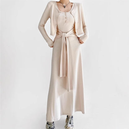 Sleeveless Scoop Neck Plain Tie Waist Maxi A-Line Dress / V-Neck Button-Up Crop Cardigan / Set