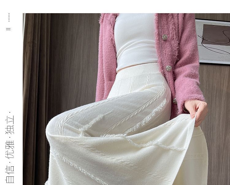 Fringed Knit Maxi A-Line Skirt - High Rise