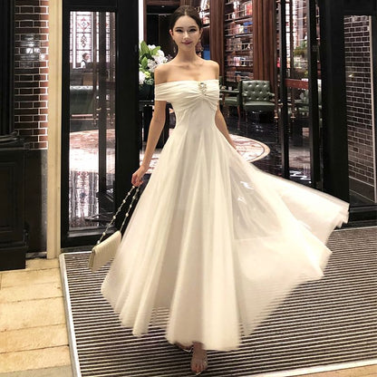 Off-Shoulder Plain Rhinestone Accent Mesh Maxi A-Line Dress