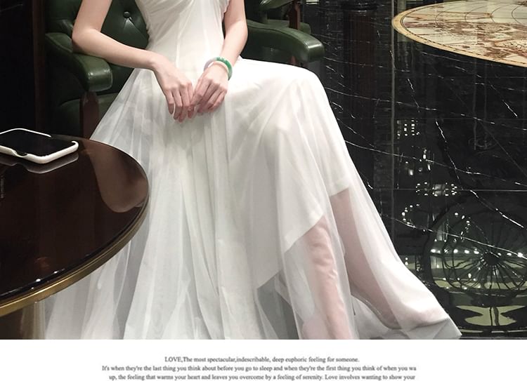 Off-Shoulder Plain Rhinestone Accent Mesh Maxi A-Line Dress
