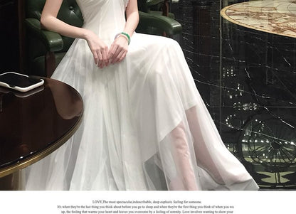 Off-Shoulder Plain Rhinestone Accent Mesh Maxi A-Line Dress