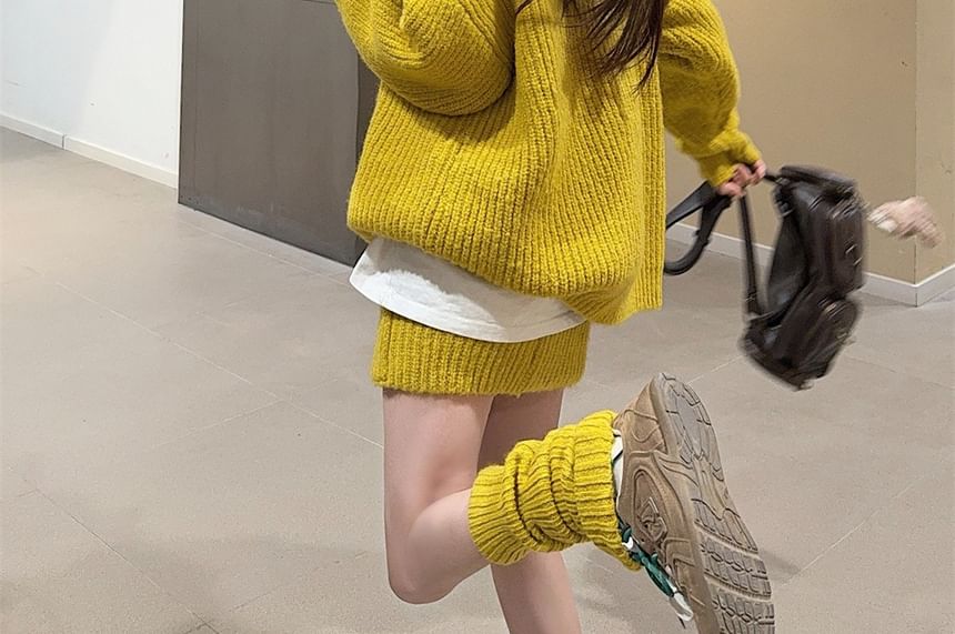 Ribbed Zip Cardigan, Knit Mini Skirt & Leg Warmers Set