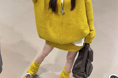 Ribbed Zip Cardigan, Knit Mini Skirt & Leg Warmers Set
