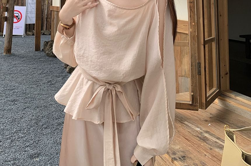 Crew Neck Knot Peplum Blouse & A-Line Maxi Skirt