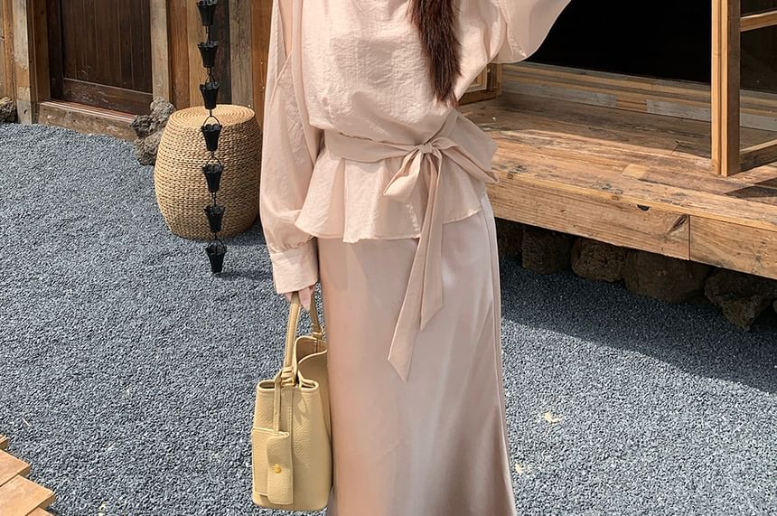 Crew Neck Knot Peplum Blouse & A-Line Maxi Skirt