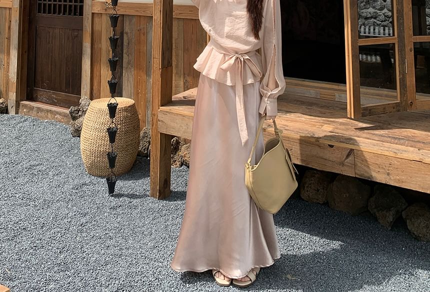 Crew Neck Knot Peplum Blouse & A-Line Maxi Skirt