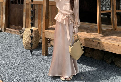 Crew Neck Knot Peplum Blouse & A-Line Maxi Skirt