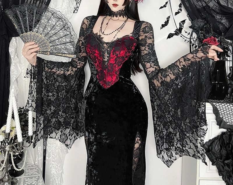 Bell Sleeve Sweetheart Neck Velvet Panel Lace Maxi Sheath Dress