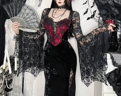 Bell Sleeve Sweetheart Neck Velvet Panel Lace Maxi Sheath Dress