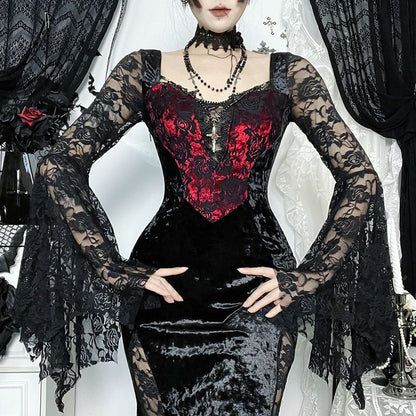 Bell Sleeve Sweetheart Neck Velvet Panel Lace Maxi Sheath Dress