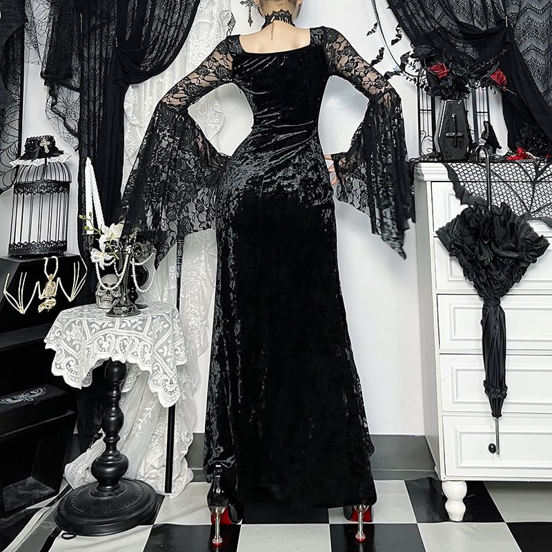 Bell Sleeve Sweetheart Neck Velvet Panel Lace Maxi Sheath Dress