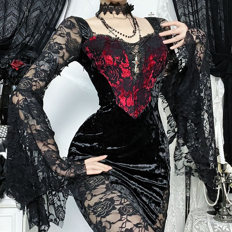 Bell Sleeve Sweetheart Neck Velvet Panel Lace Maxi Sheath Dress