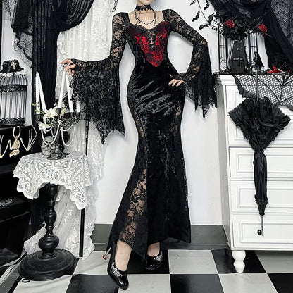 Bell Sleeve Sweetheart Neck Velvet Panel Lace Maxi Sheath Dress