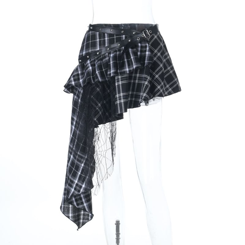 Square Neck Belted Top & Plaid Asymmetrical Mesh A-Line Skirt
