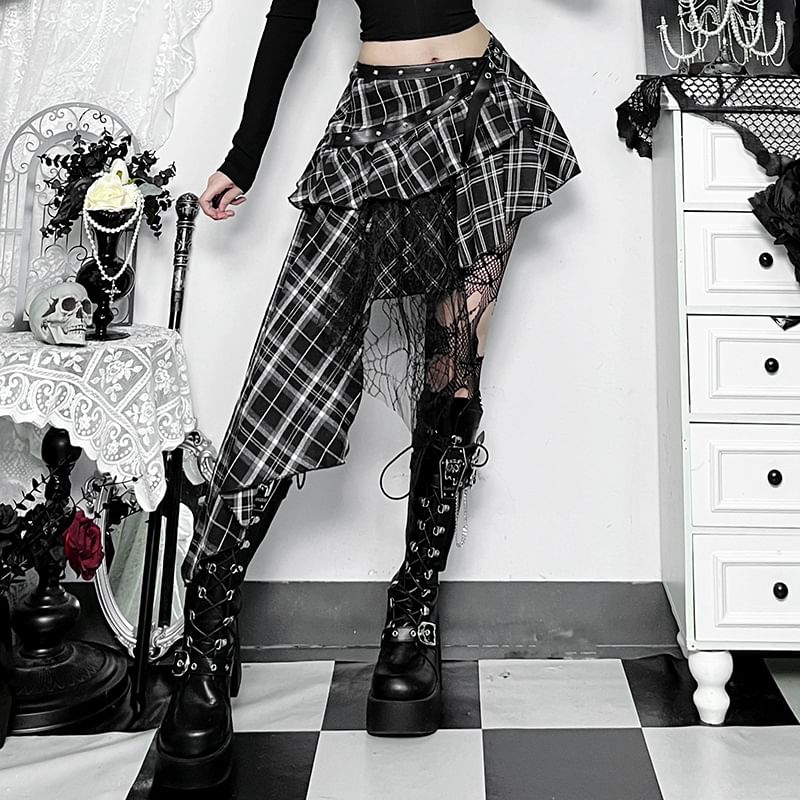Square Neck Belted Top & Plaid Asymmetrical Mesh A-Line Skirt