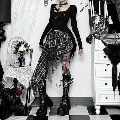 Square Neck Belted Top & Plaid Asymmetrical Mesh A-Line Skirt