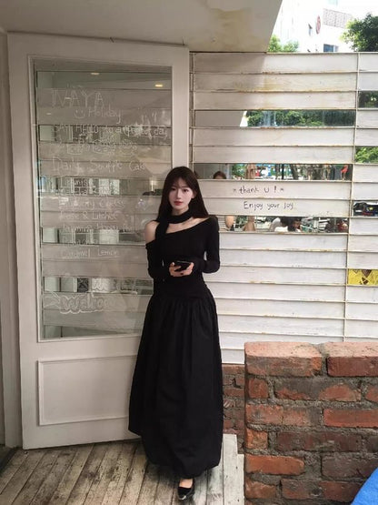 Long-Sleeve Off-Shoulder Plain Maxi A-Line Dress